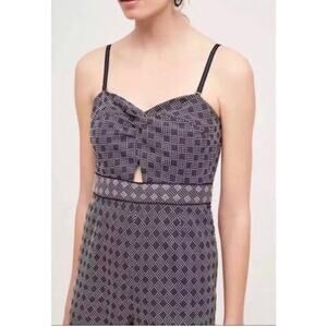 Anthropologie Elevenses Womens 6 Navy Blue Argyle Wide Leg Remy Jumpsuit V-neck